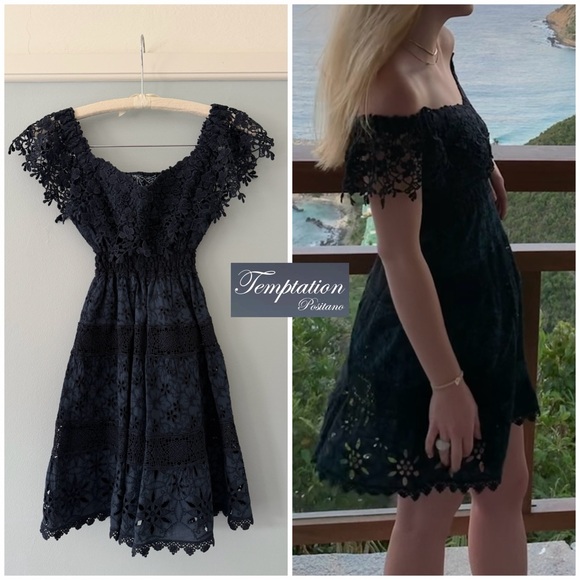 Temptation Positano Dresses & Skirts - EUC - Temptation Positano Sondrio Navy Lace Off-Shoulder Dress (XS)